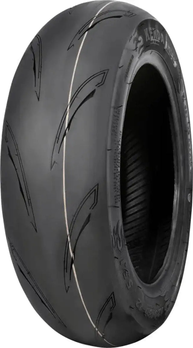 Motorcycle tire with angled tread showcasing Kenda KD2 Kwick rear tire design