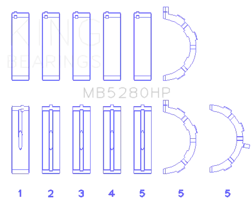 Blue and gray schematic diagram of king ford prod main bearing set for V8 engine