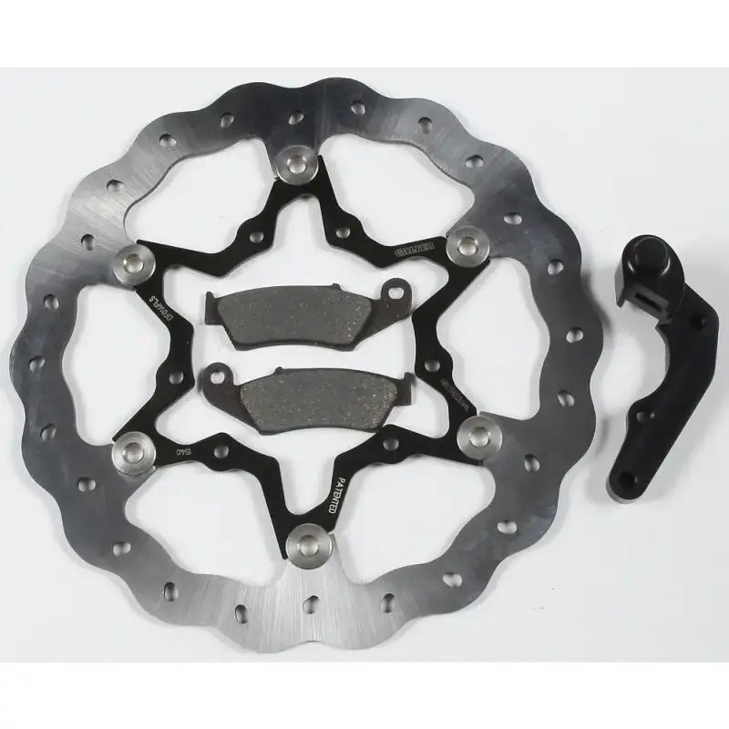 Motorcycle brake disc with pads and caliper adapter for KITOS12 270 O/S Floating Rotor, featuring floating wave design
