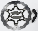 Motorcycle brake disc with pads and caliper adapter for KITOS12 270 O/S Floating Rotor, featuring floating wave design