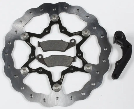 Motorcycle brake disc with pads and caliper adapter for KITOS12 270 O/S Floating Rotor, featuring floating wave design