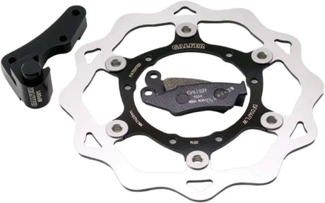 Motorcycle brake kit with floating wave rotor, pads, and caliper adapter for KITOS8