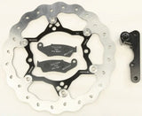 Motorcycle rotor kit with floating wave rotors, brake pads, and caliper bracket