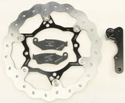 Motorcycle rotor kit with floating wave rotors, brake pads, and caliper bracket