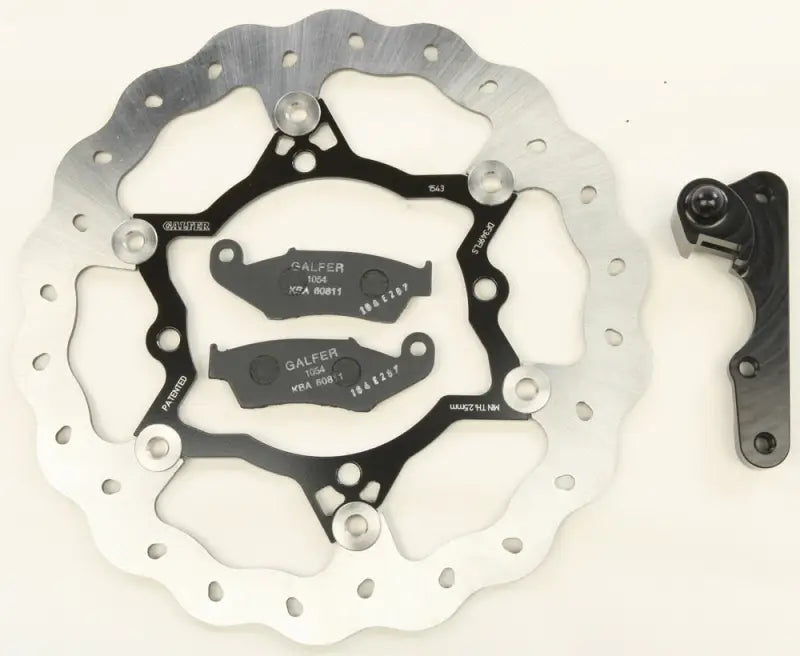 Motorcycle rotor kit with floating wave rotors, brake pads, and caliper bracket