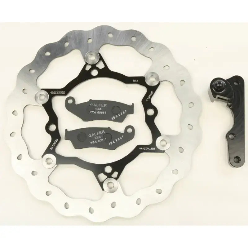 Motorcycle rotor kit with floating wave rotors, brake pads, and caliper bracket