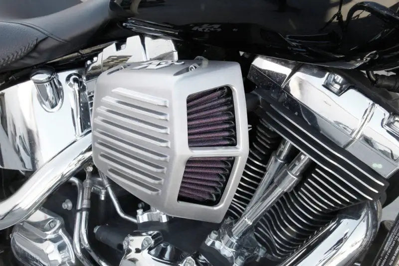 KN Street Metal silver air filter cover with purple mesh, chrome accents, Harley-Davidson logo