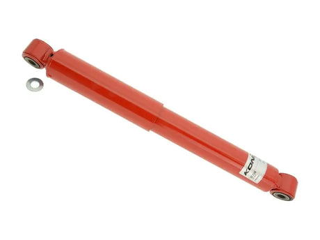 Red shock absorber with mounting hardware.