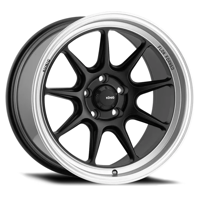 Black and silver Konig Countergram wheel with matte black finish and machined lip