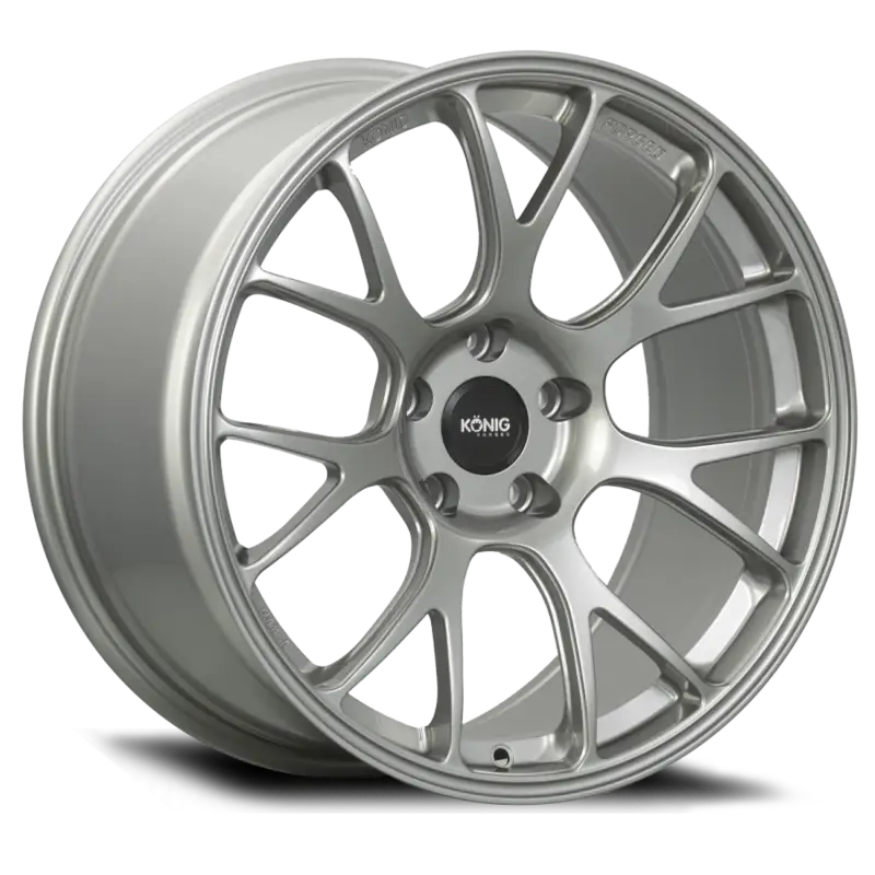 Silver multi-spoke alloy wheel with black center cap for Konig Forged F1M ET25 Ash Silver