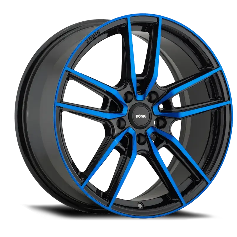 Black and blue Konig Myth wheel with blue tinted clearcoat on a car wheel photo