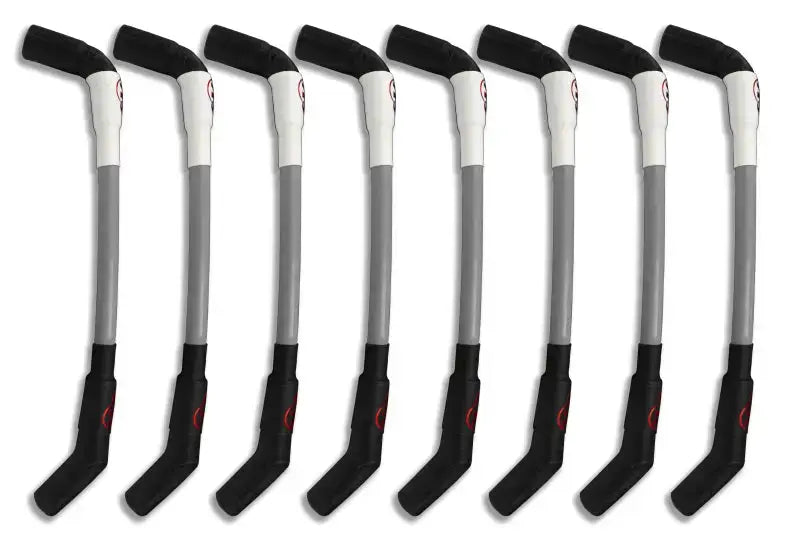Eight gray and black floor hockey sticks next to Kooks 10mm Spark Plug Wires set