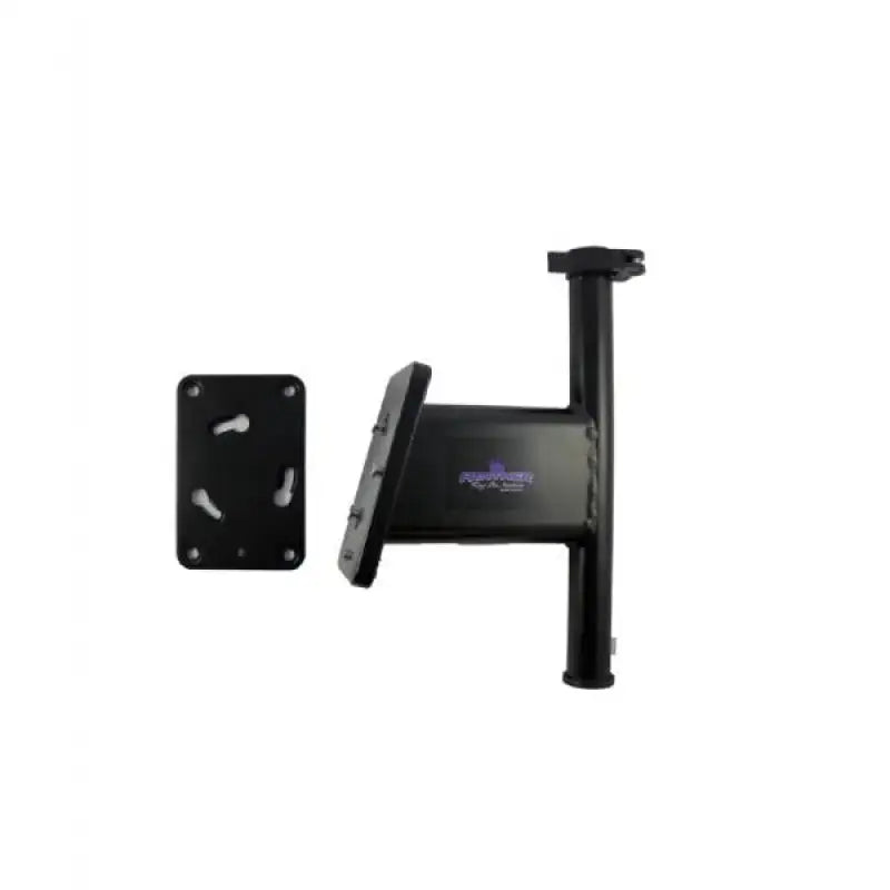 Black metal spare tire carrier on KPSQ50B transom mount brackets for quick release