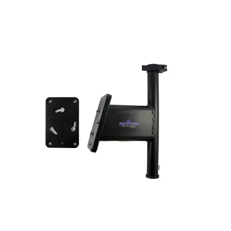 Black metal spare tire carrier on KPSQ50B transom mount brackets for quick release