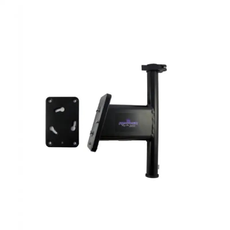 Black metal spare tire carrier on KPSQ50B transom mount brackets for quick release