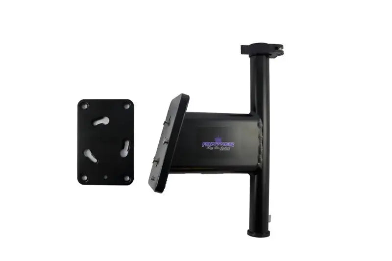 Black metal spare tire carrier on KPSQ50B transom mount brackets for quick release