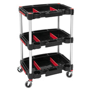BikeMaster Multi Purpose Work Cart - Durable, versatile cart with three levels, red and black compartments, and caster wheels for easy mobility.