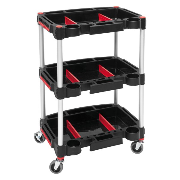 BikeMaster Multi Purpose Work Cart - Durable, versatile cart with three levels, red and black compartments, and caster wheels for easy mobility.