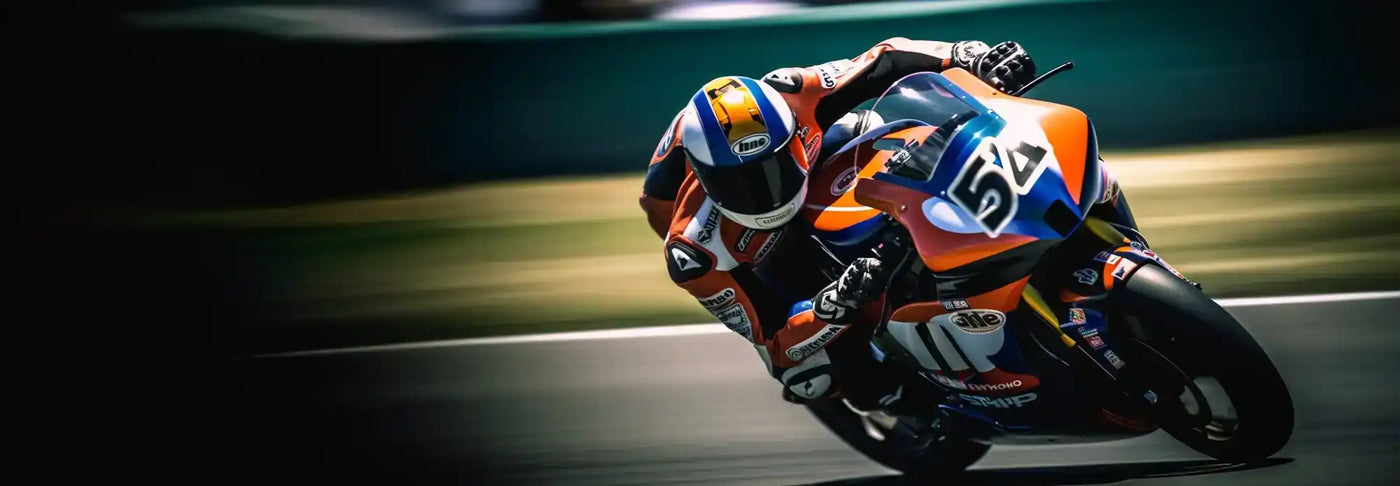 A high-performance orange and blue racing motorcycle with a rider in full racing gear, including a helmet and suit.