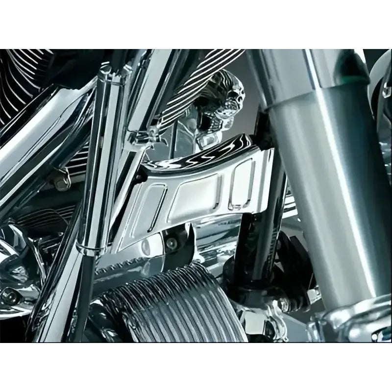 Chrome motorcycle engine detail featuring Downtube Cross Brace for Kuryakyn 7774
