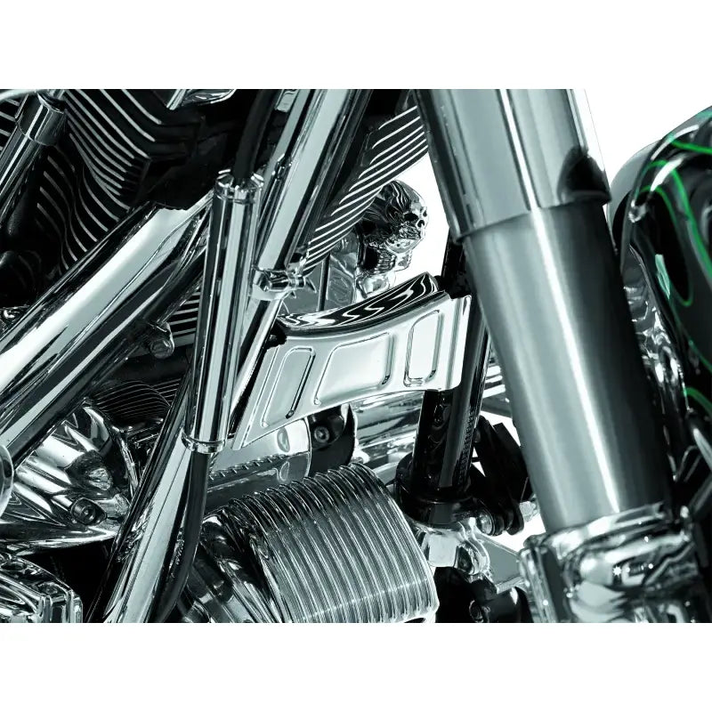 Chrome motorcycle engine detail showcasing Kuryakyn Downtube Cross Brace Cover 99-13 Touring