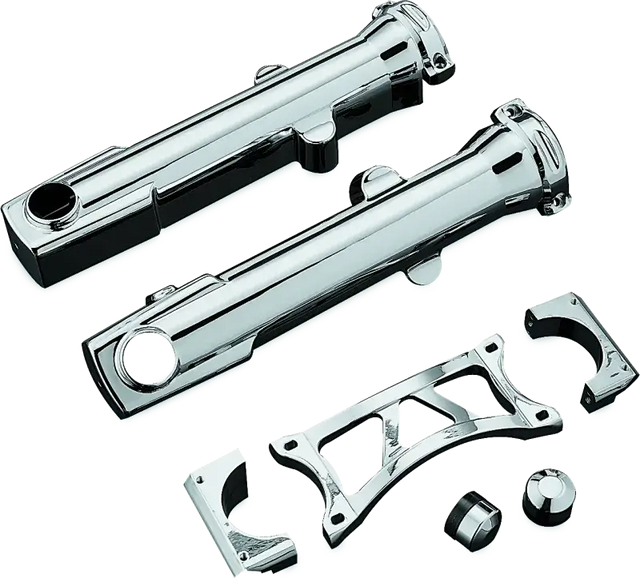 Chrome motorcycle engine guards and mounting hardware with Kuryakyn Fork Skins for 04-Up XL