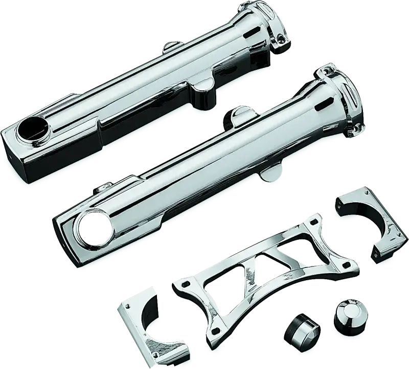 Chrome motorcycle engine guards and mounting hardware with Kuryakyn Fork Skins for 04-Up XL