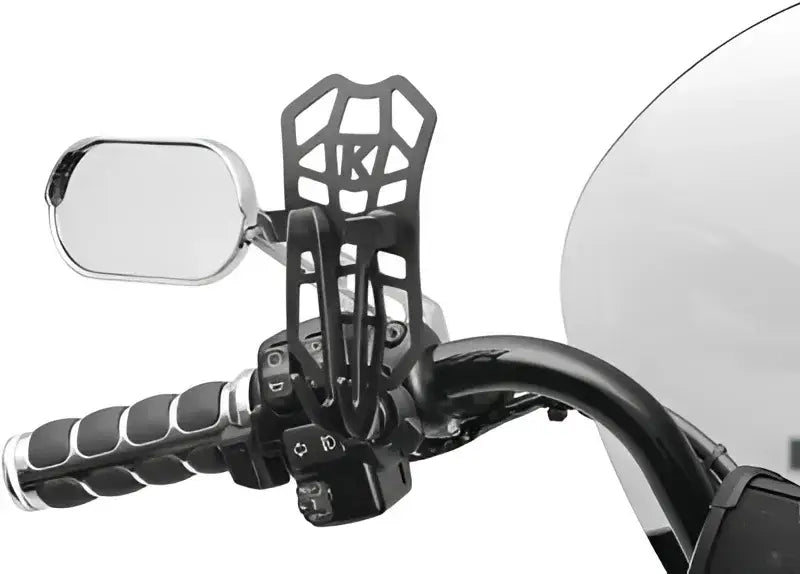 Motorcycle handlebar with mirror and Kuryakyn Free-Flex device holder perch screw mount