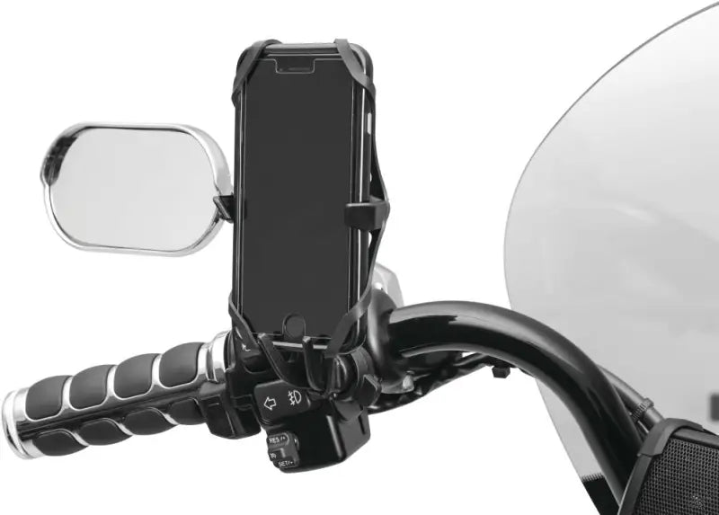 Motorcycle handlebar phone mount with Kuryakyn Free-Flex device holder perch screw mount