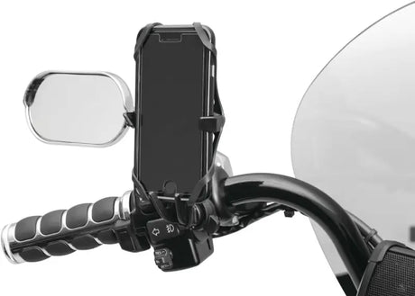 Motorcycle handlebar phone mount with Kuryakyn Free-Flex device holder perch screw mount