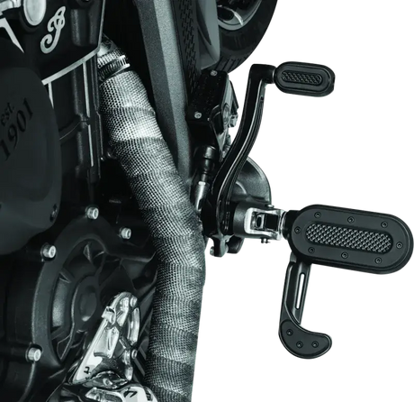Motorcycle foot controls featuring heavy industry shift and brake pegs in black