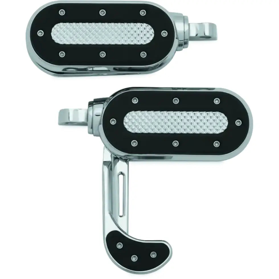 Chrome and black motorcycle footpegs and heel rest for Kuryakyn Heavy Industry Switchblade