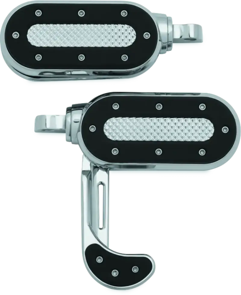 Chrome and black motorcycle footpegs with integrated heel rest for Kuryakyn Heavy Industry Switchblade