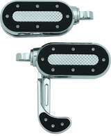 Chrome and black motorcycle footpegs with integrated heel rest for Kuryakyn Heavy Industry Switchblade