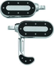 Chrome and black motorcycle footpegs with integrated heel rest for Kuryakyn Heavy Industry Switchblade