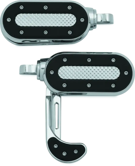 Chrome and black motorcycle footpegs with integrated heel rest for Kuryakyn Heavy Industry Switchblade