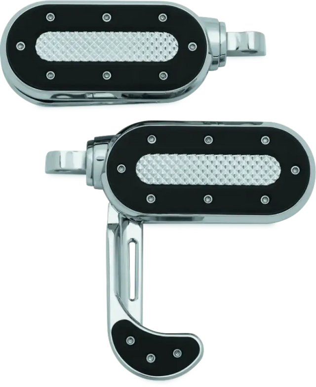 Chrome and black motorcycle footpegs with integrated heel rest for Kuryakyn Heavy Industry Switchblade