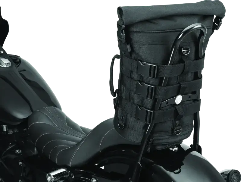 Kuryakyn Momentum Deadbeat Duffle Bag mounted on motorcycle backrest, versatile for RV, Automotive, Powersports, off-road, marine, exterior, truck accessories, interior, truck bed, RV parts, AVADA - Best Sellers, Bags & Packs, Bags - Bike Bags.