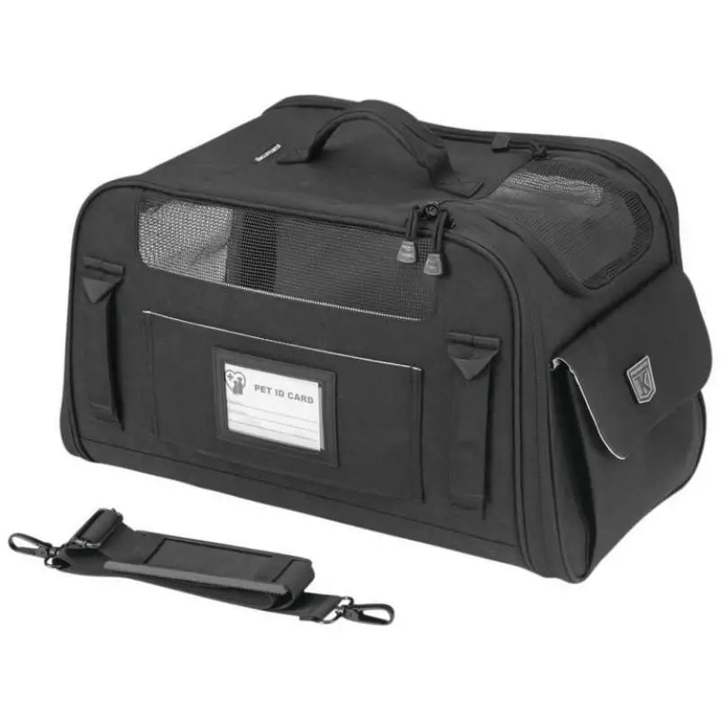 Black pet carrier with mesh windows from Kuryakyn Pet Palace Flyweight for easy travel