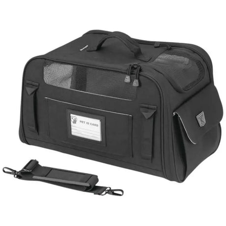 Black pet carrier with mesh windows from Kuryakyn Pet Palace Flyweight for easy travel