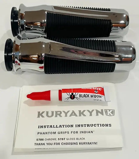 Kuryakyn Phantom Grips Indian Chrome with installation instructions and adhesive for easy upgrade