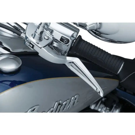 Chrome motorcycle handlebar with black grip and brake lever on blue silver tank Kuryakyn Phantom Levers Indian Chrome 5774