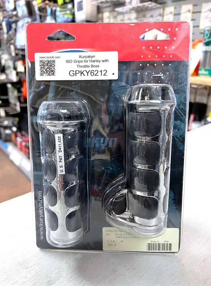 Kuryakyn premium iso grips for Harley motorcycles with chrome finish and throttle boss