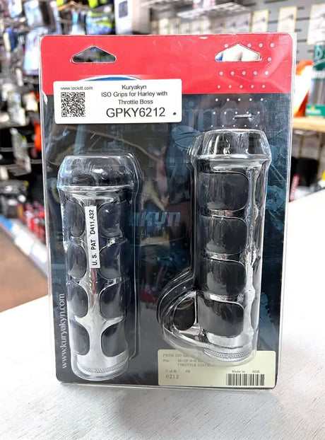 Kuryakyn premium iso grips for Harley motorcycles with chrome finish and throttle boss