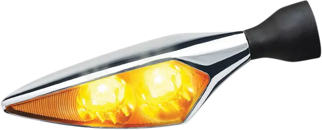 Chrome motorcycle turn signal with Kuryakyn Rhombus Amber design on front and rear parts
