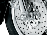 Chrome motorcycle front wheel with Kuryakyn Roman Axle Caps for style and protection