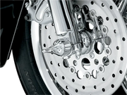 Chrome motorcycle front wheel with Kuryakyn Roman Axle Caps for style and protection