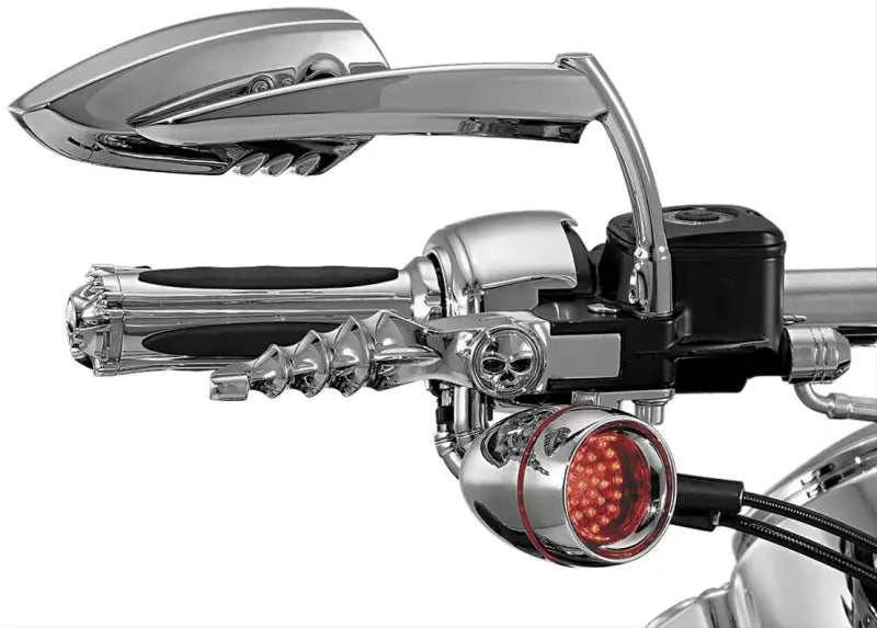 Chrome motorcycle handlebar with skull accents featuring Kuryakyn Scythe Mirrors Chrome