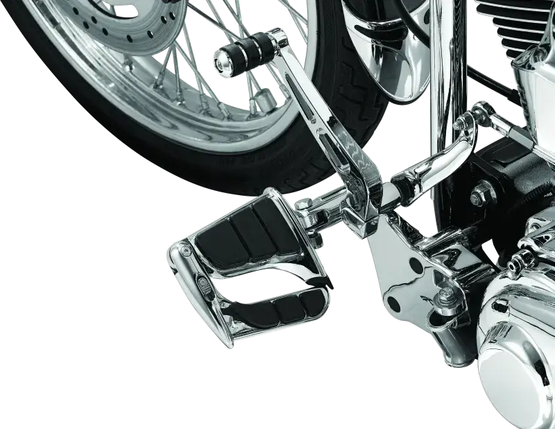 Kuryakyn Swingwing Peg with Male Mount Adapter in chrome finish, installed on a motorcycle, showcasing adjustable foot positioning and durable construction.
