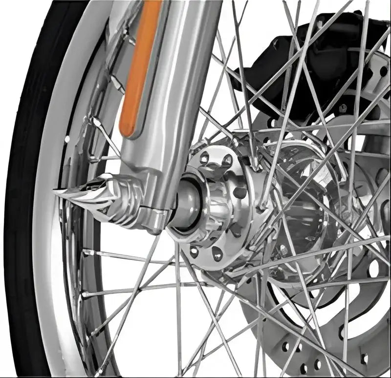 Chrome motorcycle front wheel with Kuryakyn Twisted Axle Caps and spiked nut cover